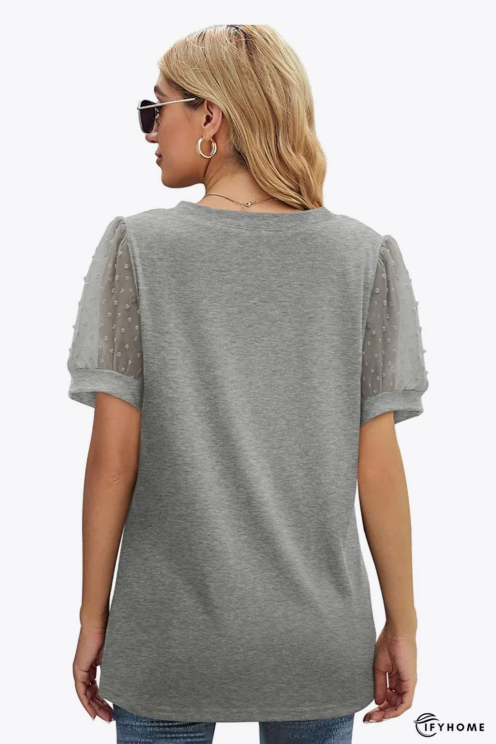 Swiss Dot Puff Sleeve V-Neck Tee | IFYHOME