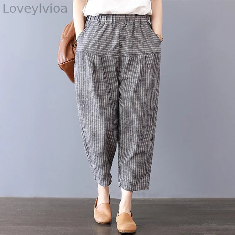 Women's Stripes Pocket Cotton Linen Casual Pants