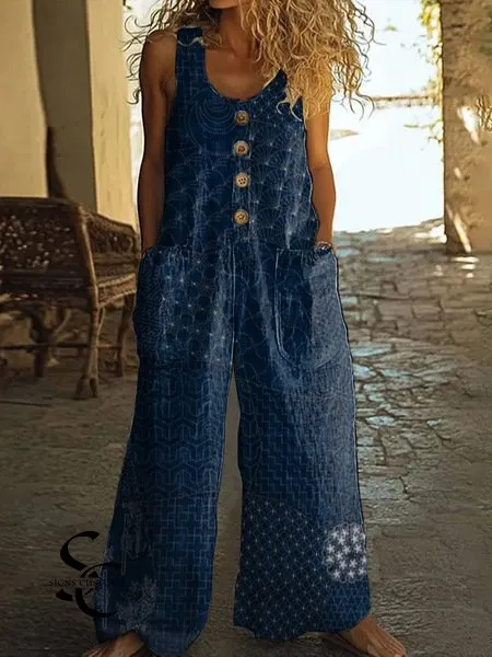 Women's Vintage Flower Print Casual Cotton And Linen Loose Straight-leg Wide-leg Pants