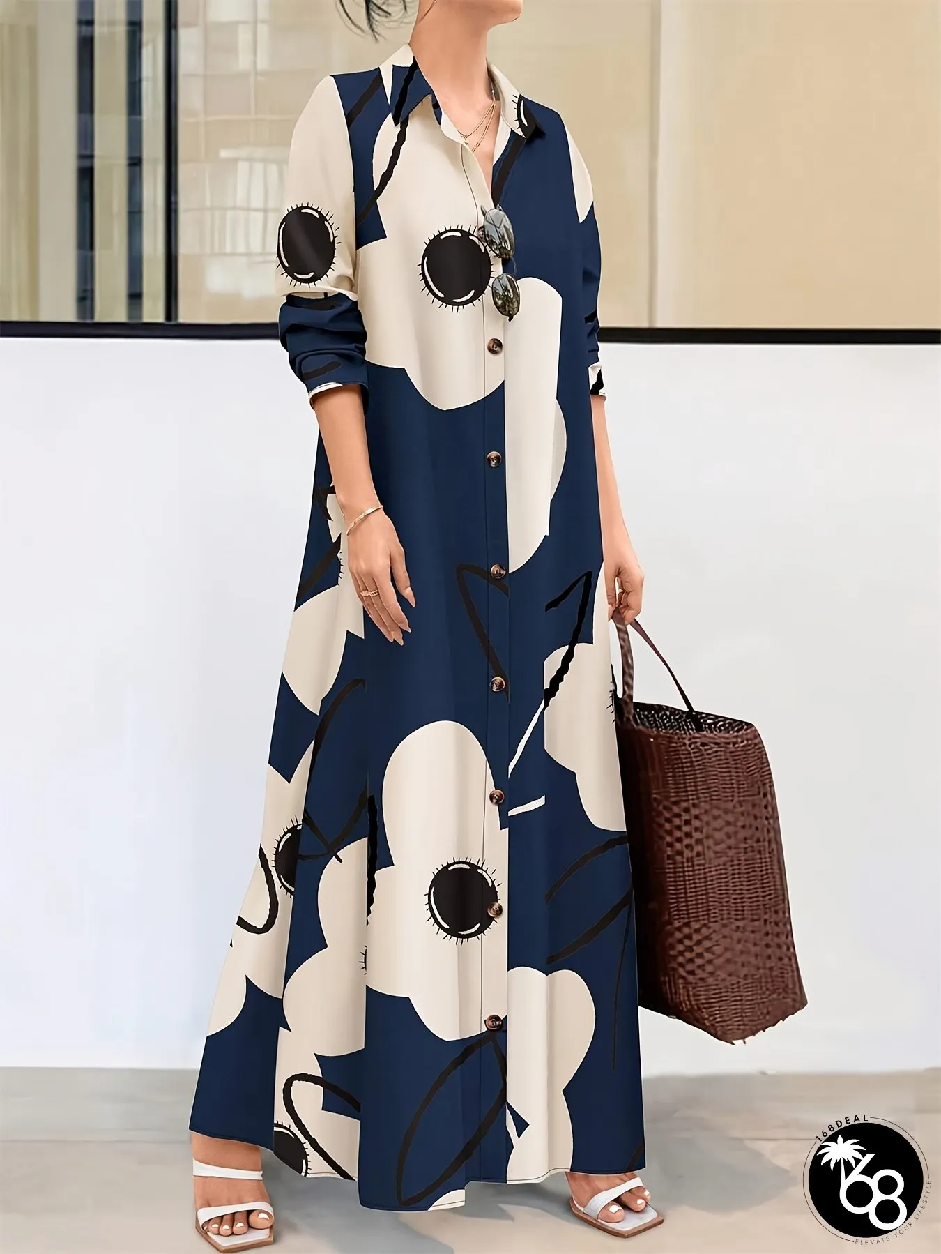 Womens Floral Print Long Sleeve Shirt Dress Loose Fit Single Row Button Lapel Collar | 168DEAL