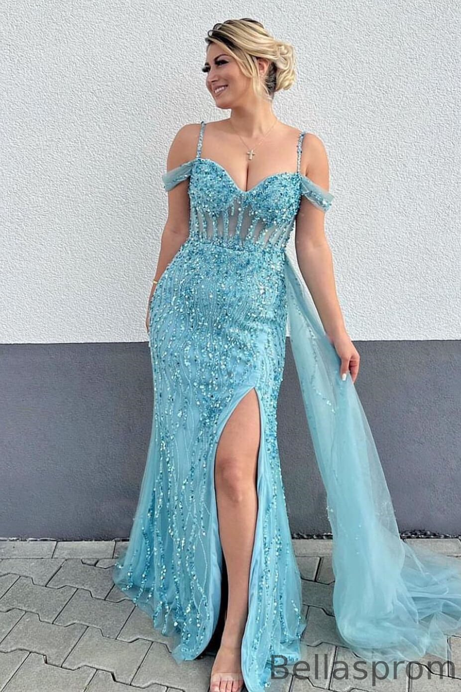 Bellasprom Off-the-Shoulder Mermaid Blue Prom Dress With Appliques Beads Front Slit Bellasprom