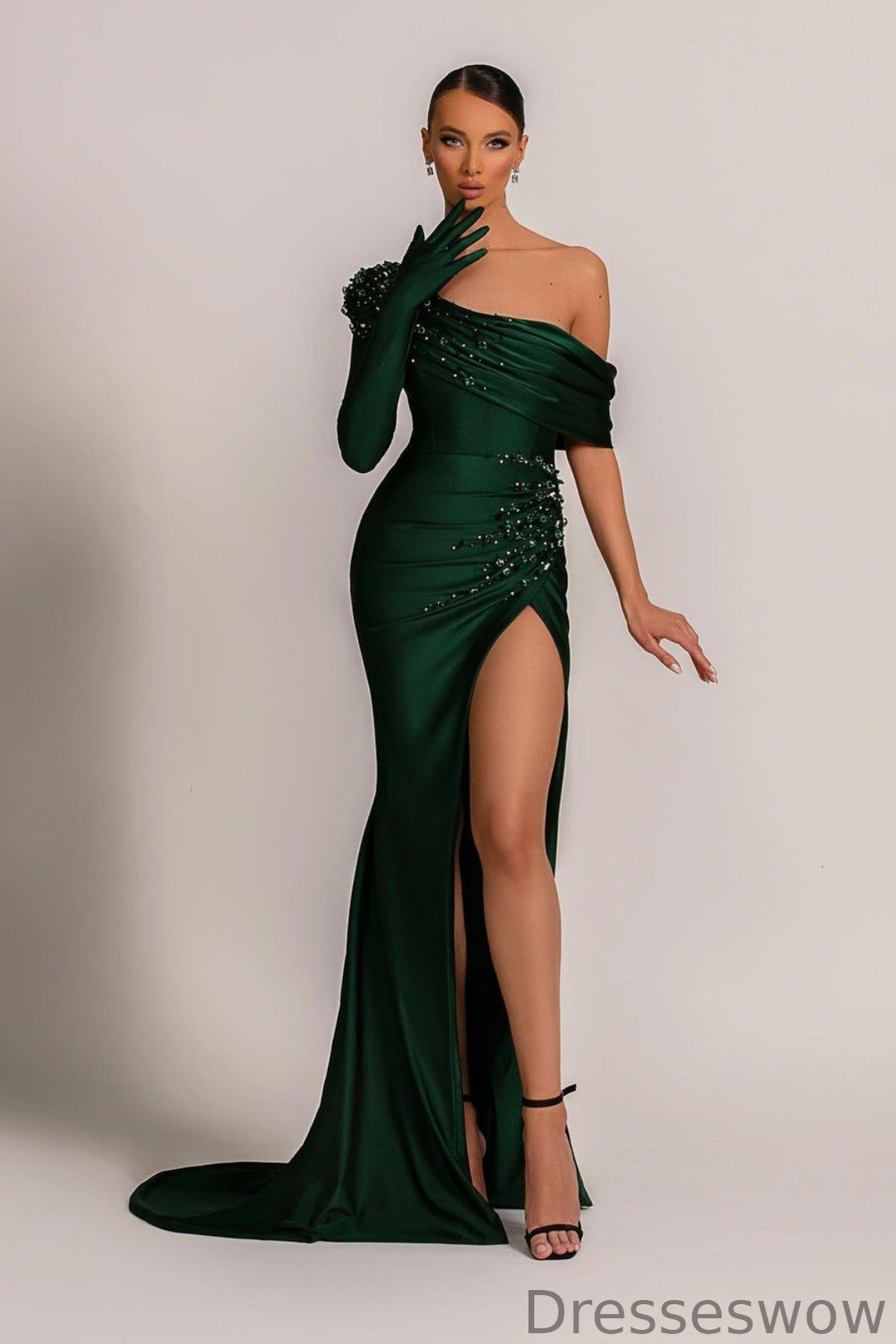 Dresseswow Dark Green One Shoulder Single Sleeve Mermaid Prom Dress Beadings With Split