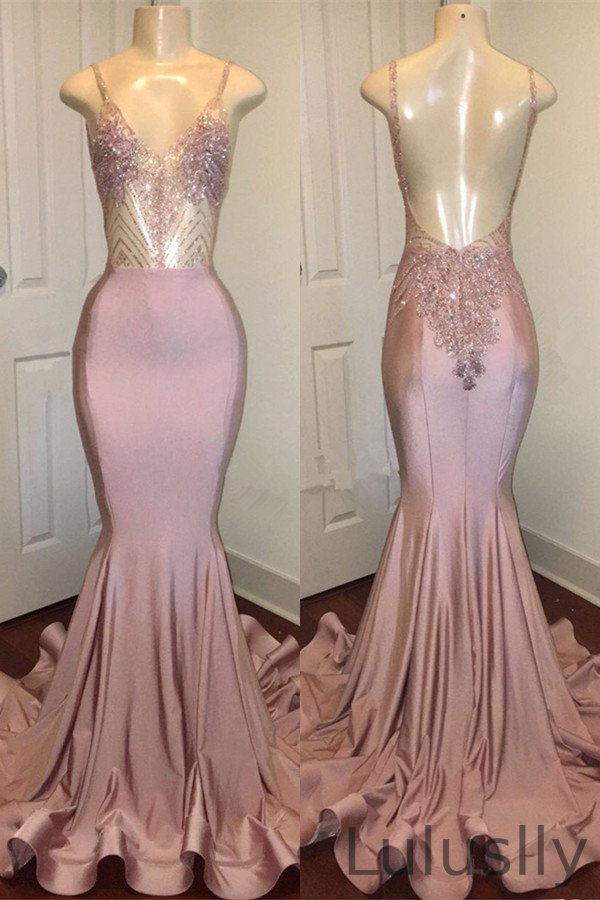Luluslly Pink Spaghetti-Straps Mermaid Prom Dress Long With Beadings Open Back