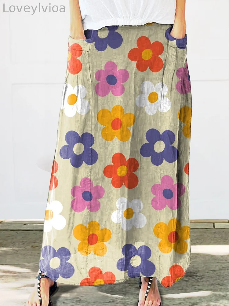 Cute Little Colored Flowers Print Women's Linen Pocket Skirt