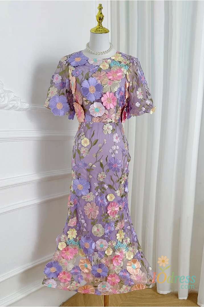 IO Dress 3XL 4XL Elegant 3D Flower Long Evening Lace Dresses Women Summer Bubble Short Sleeve Embroidery Fishtail Mermaid Party Vestidos