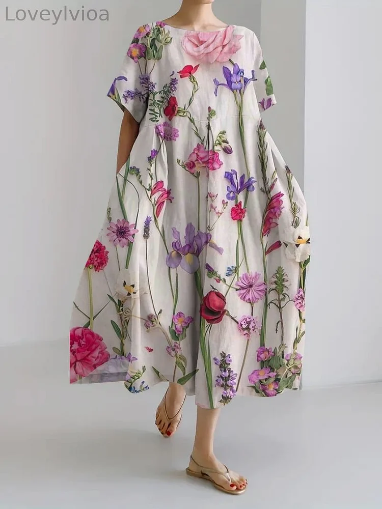 Women's Retro Botanical Floral Design Printed Casual Loose Dress