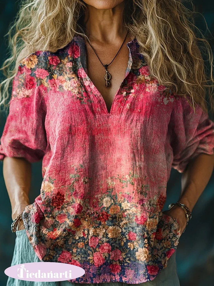 Girls Vintage Floral Art Print Casual Linen V Neck Shirt