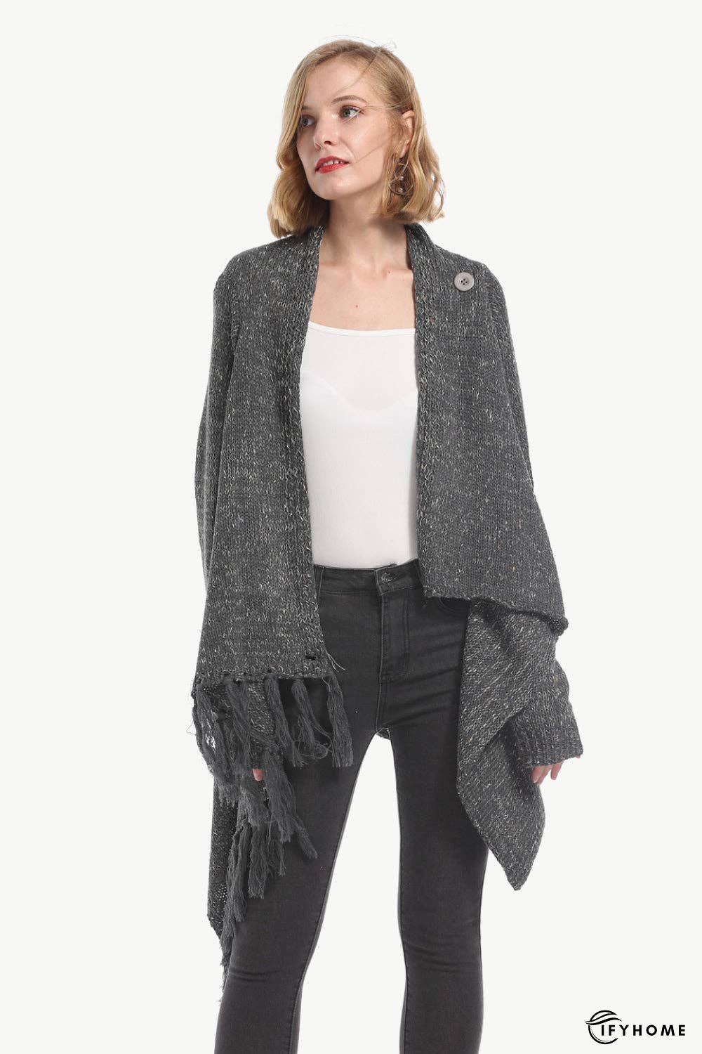 One-Button Tassel Tie Asymmetrical Hem Cardigan | IFYHOME