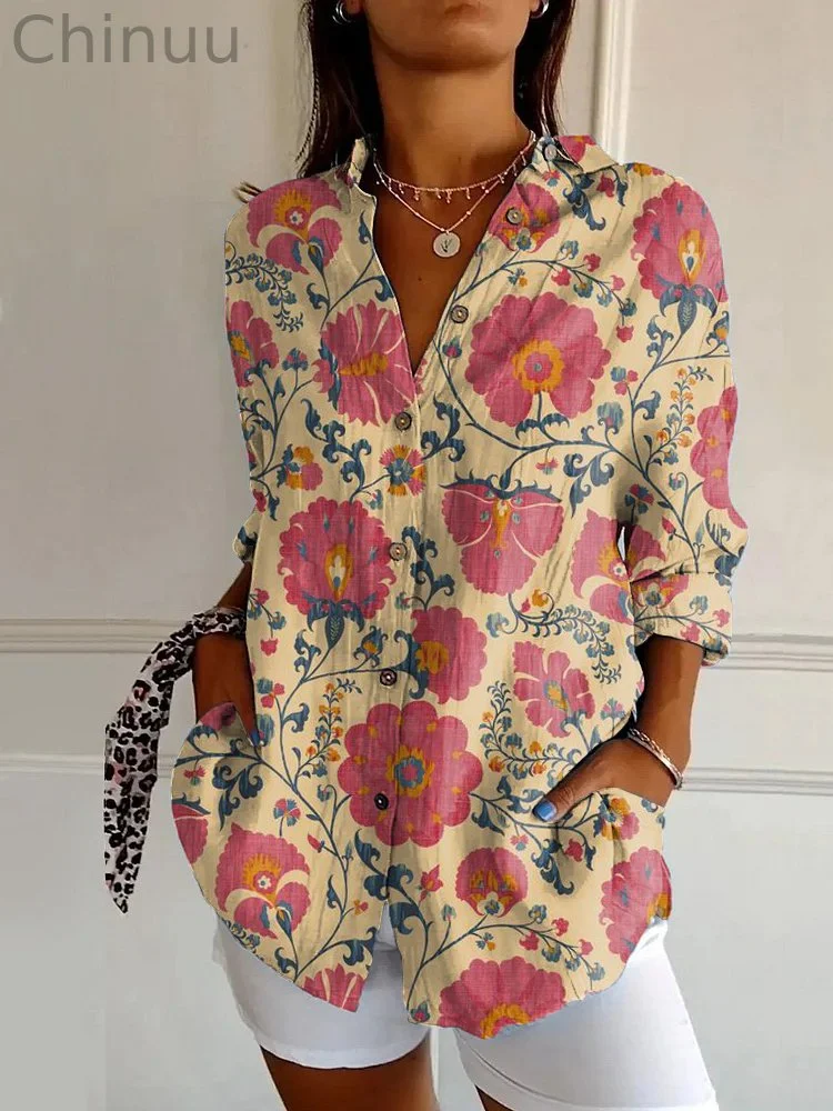 Vintage Ethnic Floral Print Casual Long Sleeve Shirt