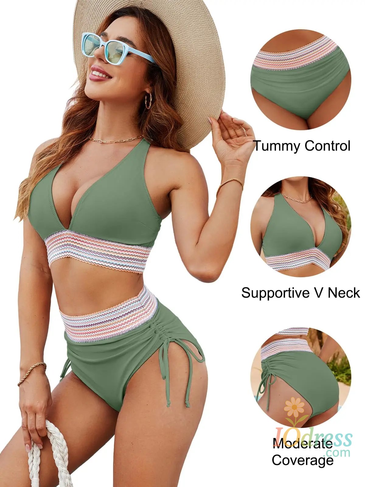IO Dress Women's High Waisted Bikini 2025 Summer Tummy Control Two Piece Adjustable Drawstring Swimsuits for Beach Pool Vacation Swimming