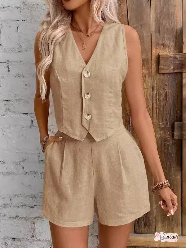 Sleeveless Split-Joint V-Neck Vest + High Waisted Pleated Shorts Two Pieces Set