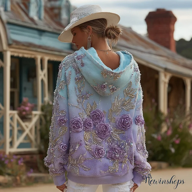Women's Retro Purple Rose Gradient Pattern Casual Comfort Hoodie