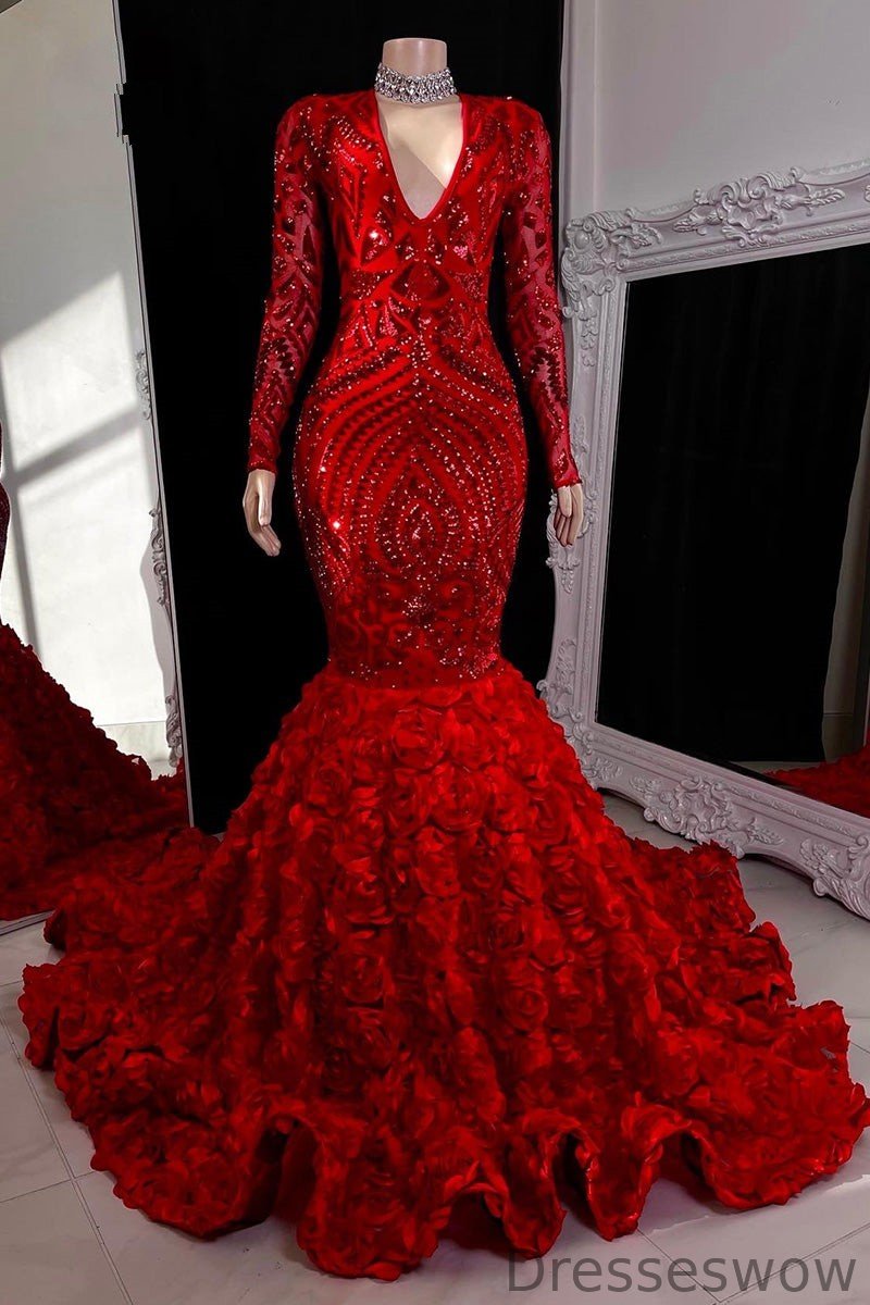 Dresseswow Long Sleeves Sequins Prom Dress Mermaid V-Neck With Flowers