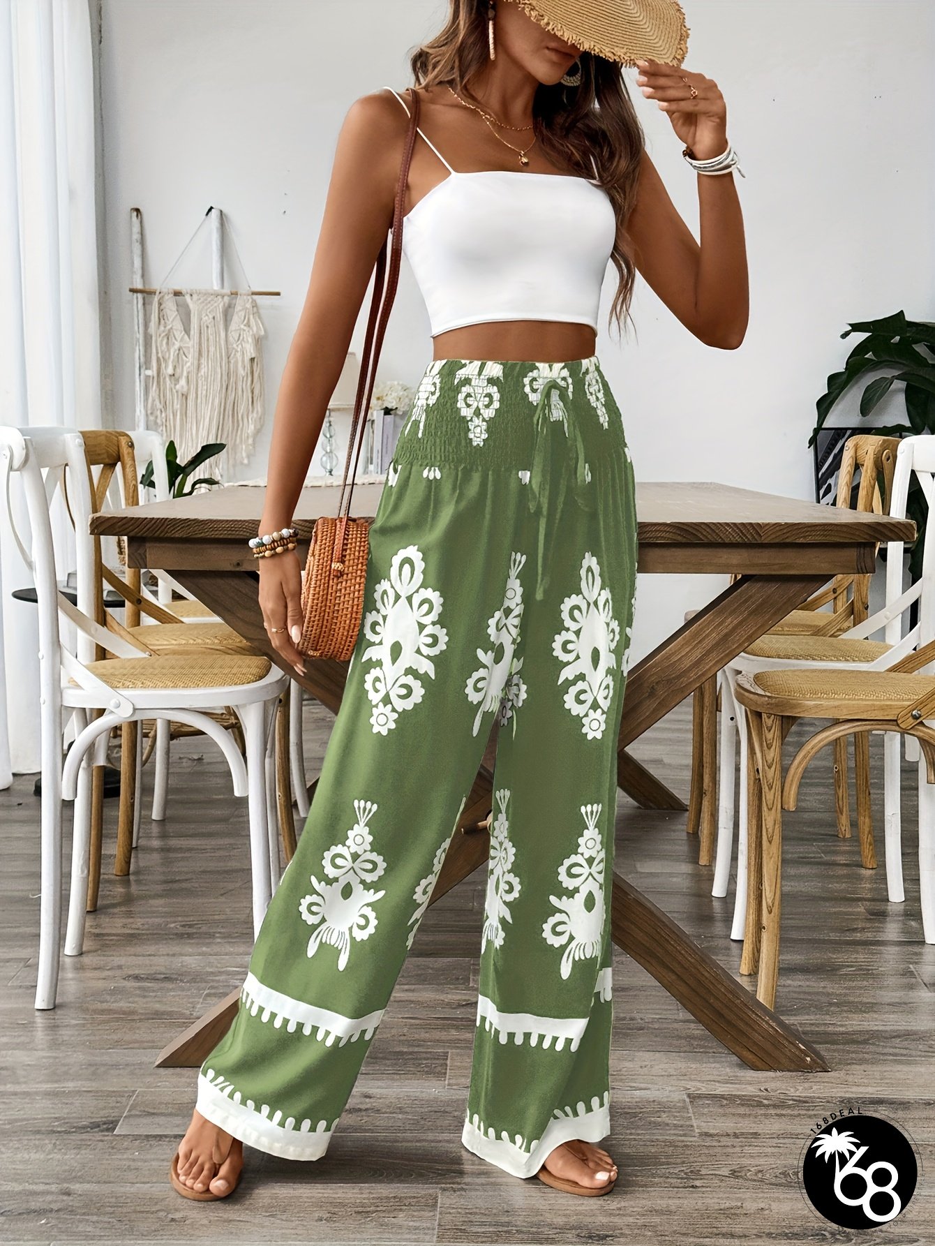 Super Value Bestseller Womens Retro Floral Print Rayon Wide-Leg Pants Elastic Waist Loose | 168DEAL