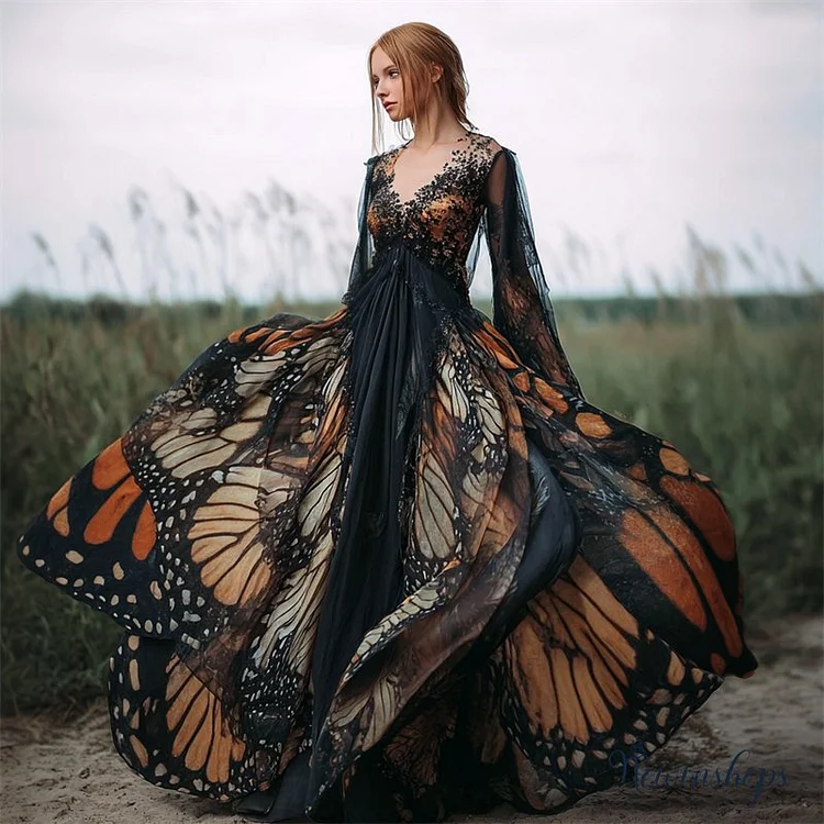 Vintage Butterfly Wings Inspired Beaded Flowy Maxi Dress