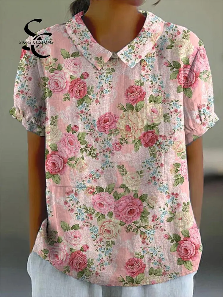Women's Vintage Lovely Floral Art Print Casual Cotton And Linen Shirt