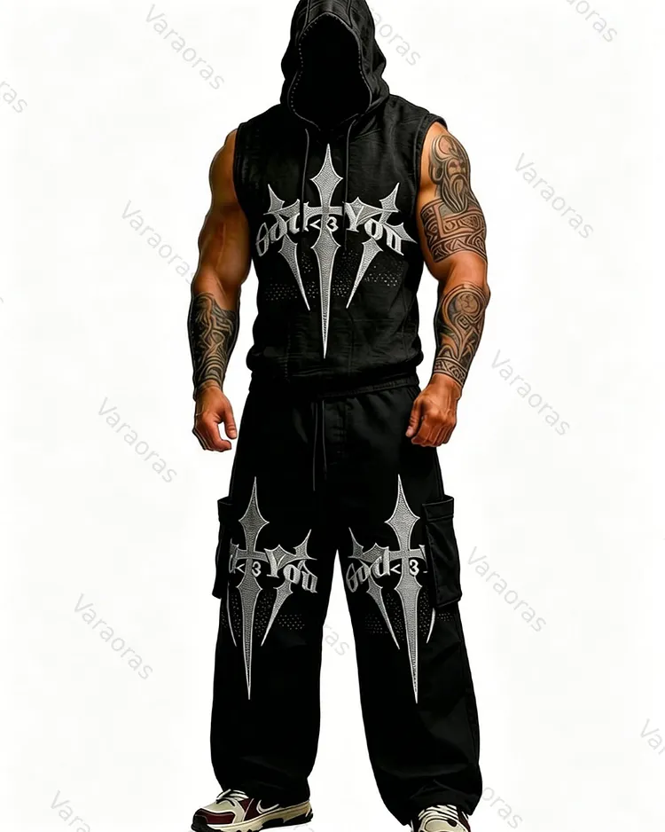Men's Fashion Cross Embroidered Hooded Sleeveless Top and Pants Two-Piece Set1886