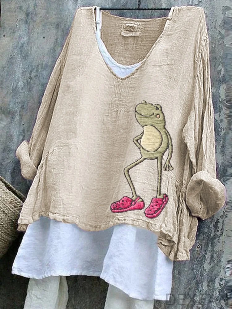 Funny Frog Embroidery Pattern Comfort Linen Shirt