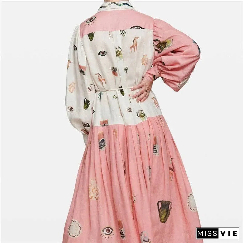 Floral Print Long Sleeve Tie-Waist Swing Dress