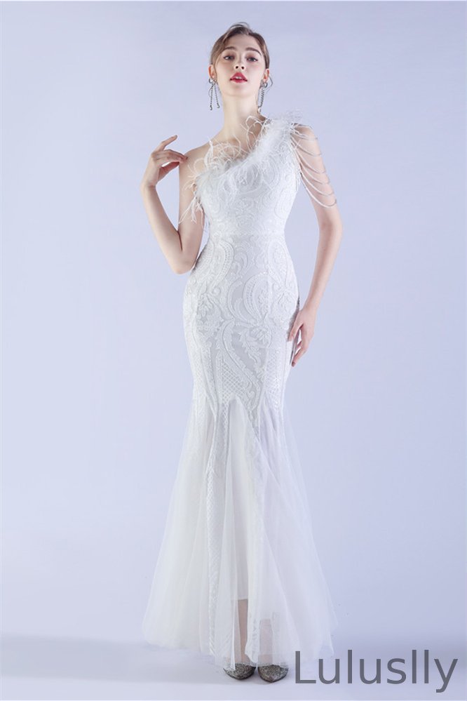Luluslly One Shoulder Evening Dress Mermaid Sequins Long With Feather
