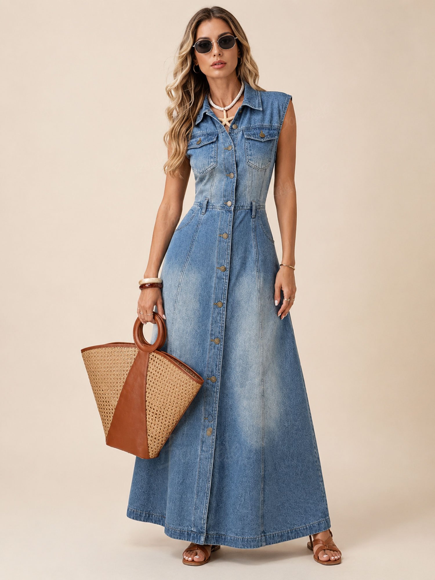 Perfect for a Coastal Weekend Getaway &mdash; 2026 Spring/Summer Women's Medium Wash Blue Multi-Button Lapel Breathable Cotton Denim Maxi Dress
