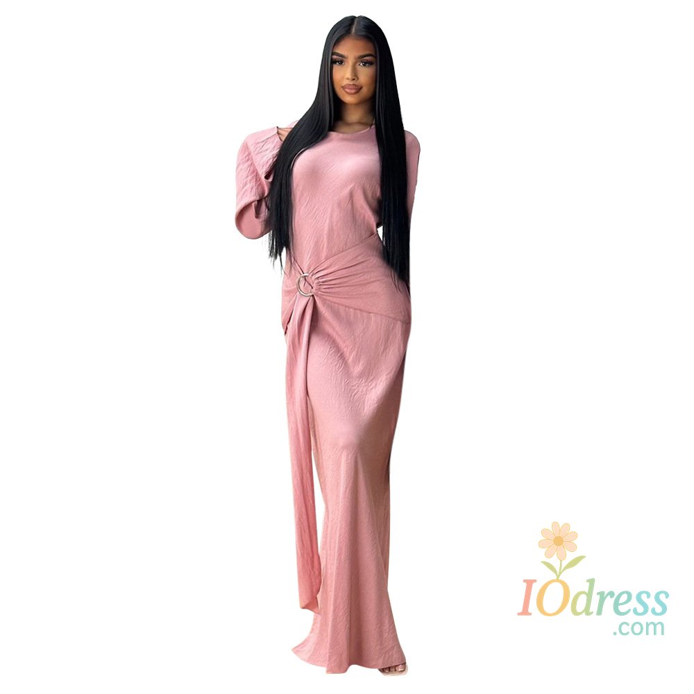 IO Dress 2024 Autumn Fashion Women's Leisure Elegant Maxi Dress Metal Buckle Retro Solid Long A-line Women's Dress Party Vestidos Robes