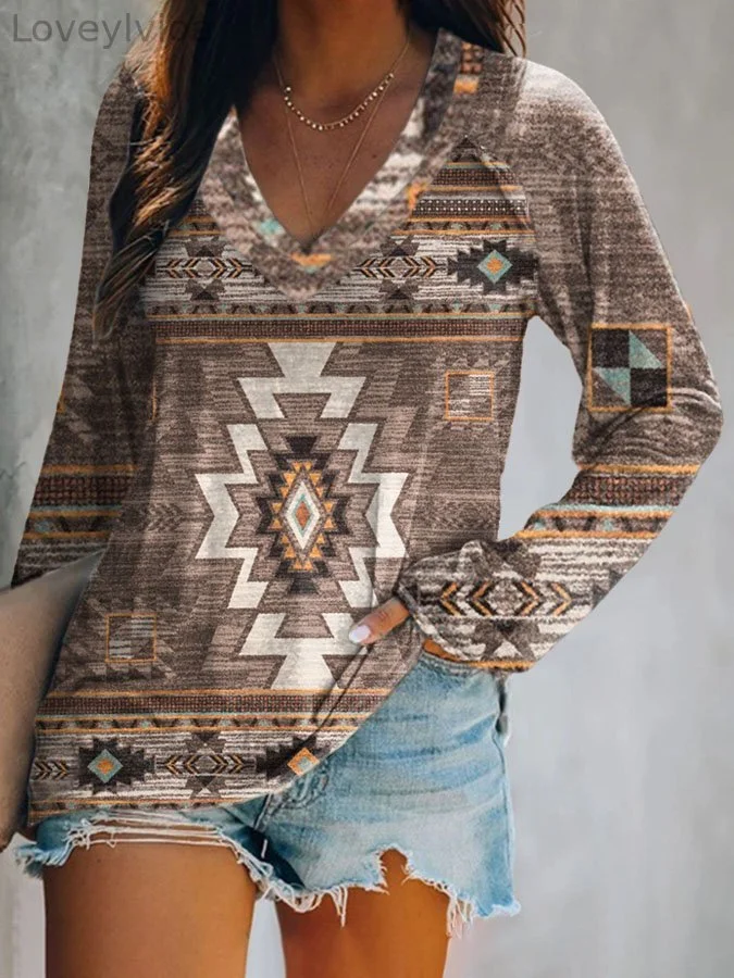 Geometric Ethnic Print V-Neck Long Sleeve T-Shirt
