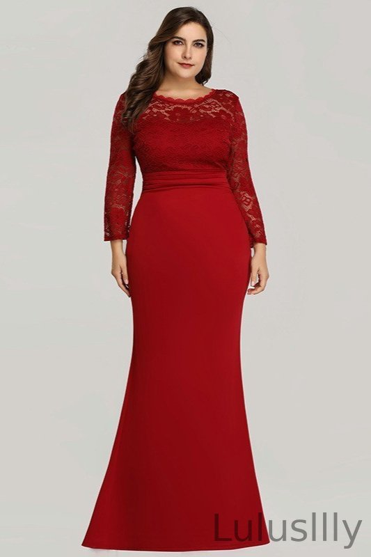 Classic Long Sleeve Lace Plus Size Evening Dress Mermaid Prom Gowns Online - lulusllly