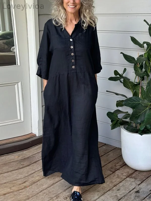 V-Neck Solid Color Cotton And Linen Dress