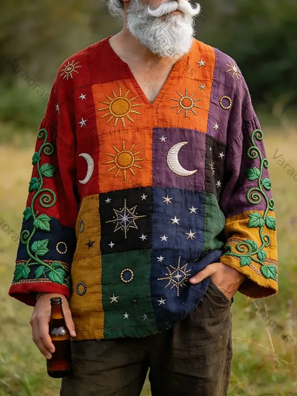 Men's Colorblock Hippie Art Moon Star Plants Print V Neck Long Sleeve T-Shirt 19d1