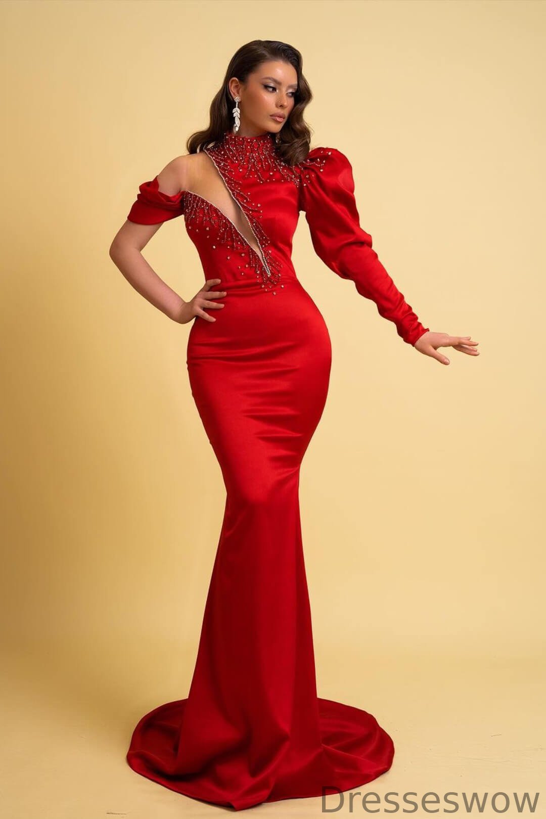 Dresseswow Red Long Sleeve Mermaid Prom Dress High Neck With Beads