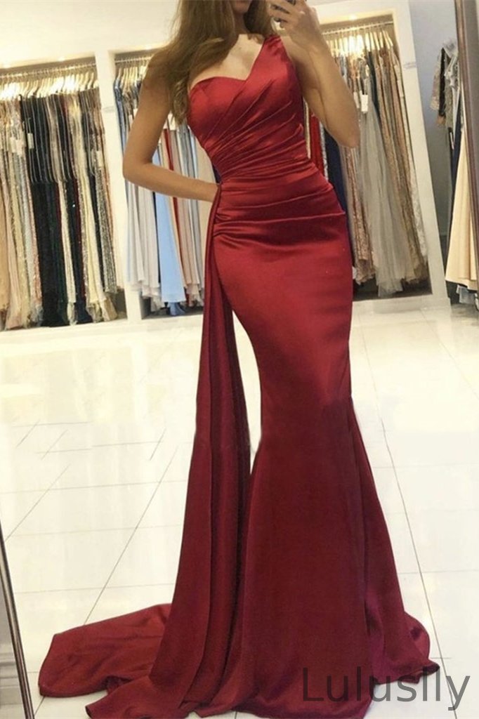 Luluslly One Shoulder Burgundy Mermaid Evening Dress With Ruffle