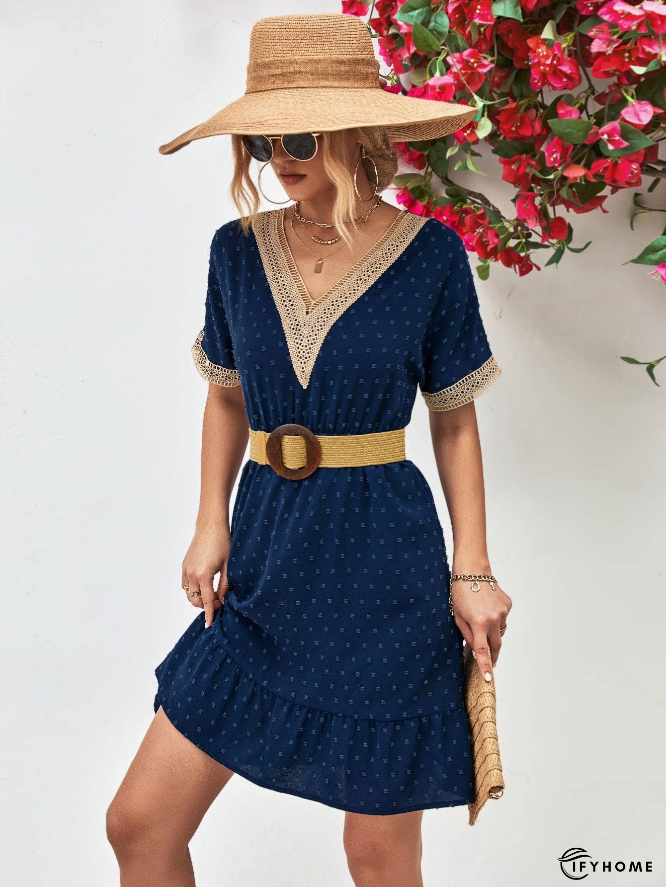 Contrast V-Neck Short Sleeve Mini Dress | IFYHOME