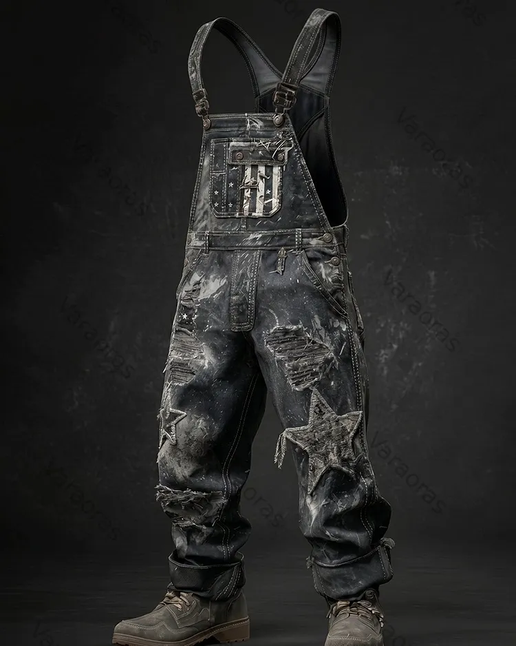 Men's Summer Outdoor Casual Independence Day 3D Embroidered Denim Jumpsuit Overalls 1990