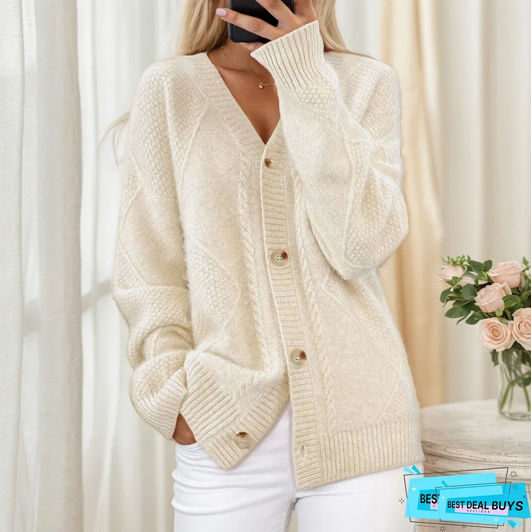 Womens Elegant Beige Cardigan Soft Sweater with Front Button Closure Chic for FallWinter