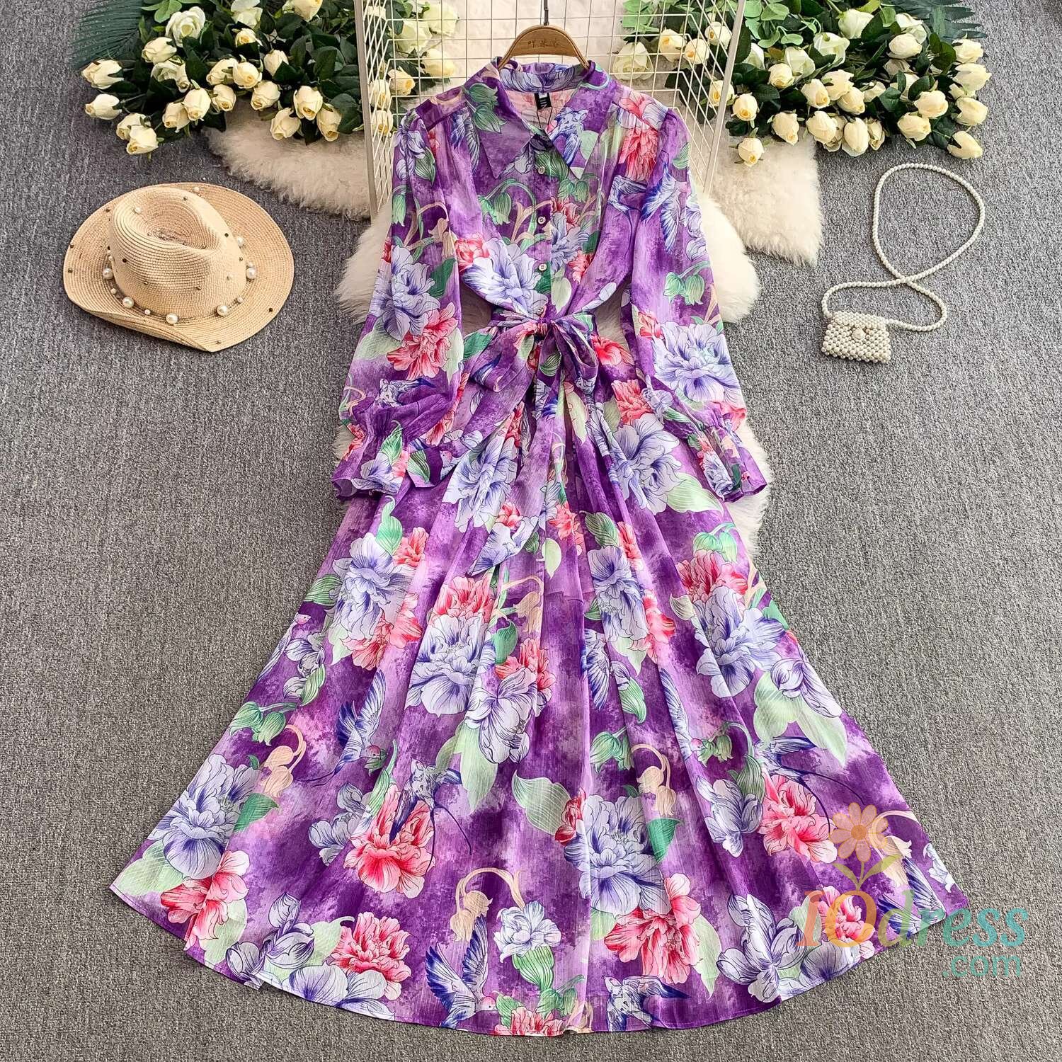 IO Dress French Style Summer Purple Print Floral Long Dress Shirt Women Autumn Muslims Faux Silk Full Sleeve Maxi Prom Evening Dresses IO Dress