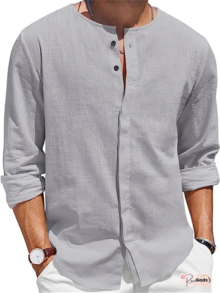 Men's Cotton Linen Solid Color Shirt Long-sleeved Shirt Button Collar Casual Shirt