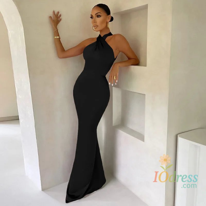 IO Dress Elegant Formal Vestidos Women Cross Halter Long Fishtail Dress Ladies Backless Ball Gown Cocktail Party Evening Dresses