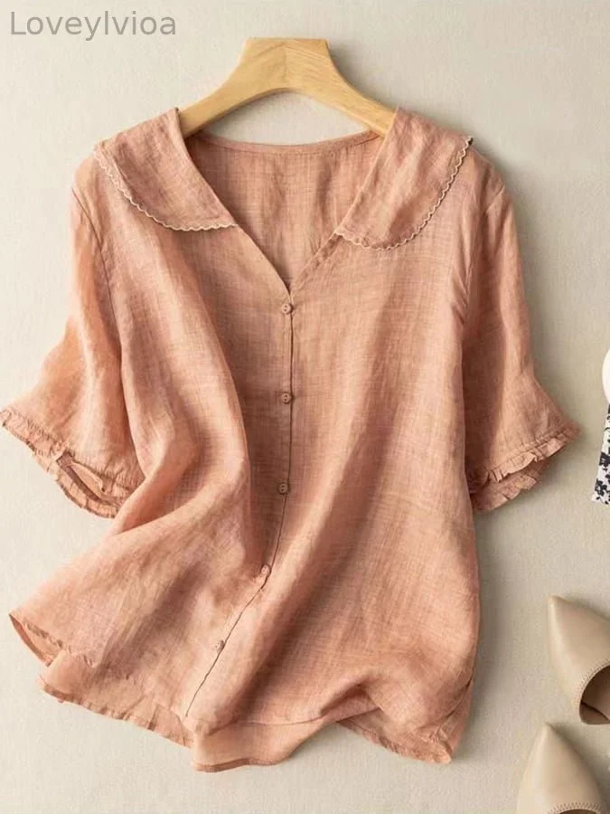 Cotton And Linen Retro Short Sleeved Navy Doll Collar Thin Shirt