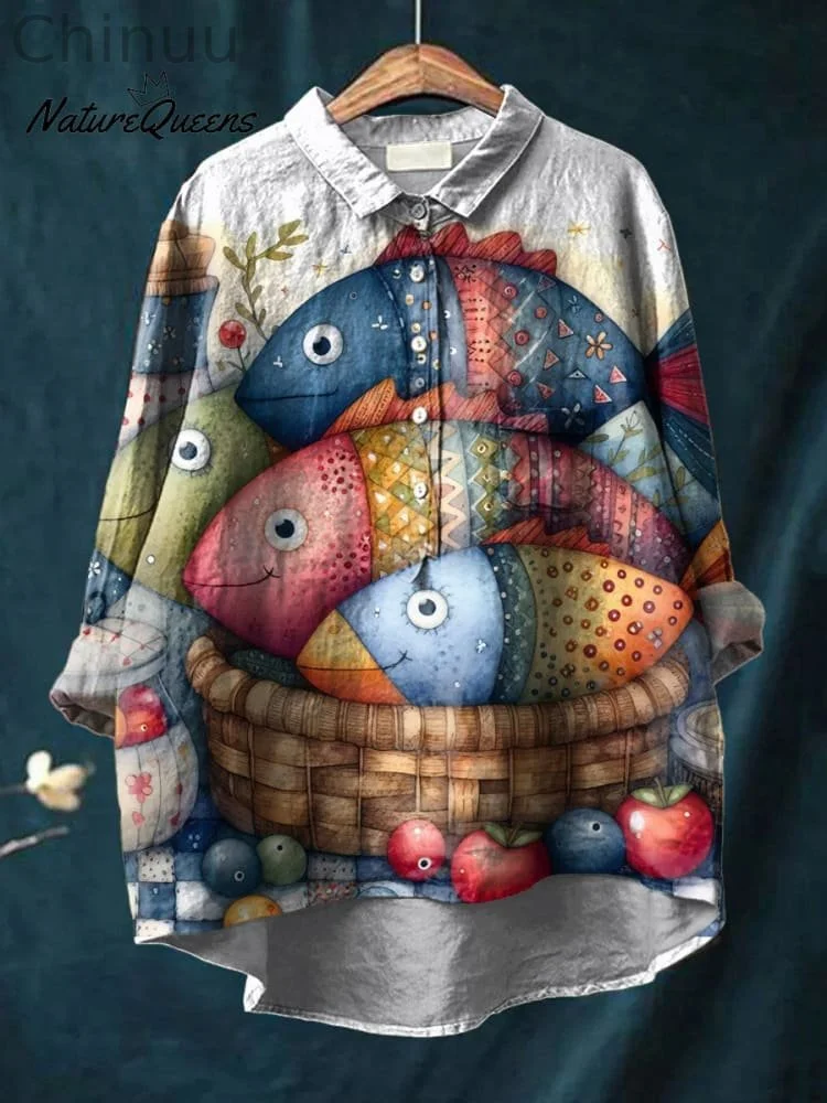 Vintage Cute Fish Art Print Casual Cotton And Linen Shirt