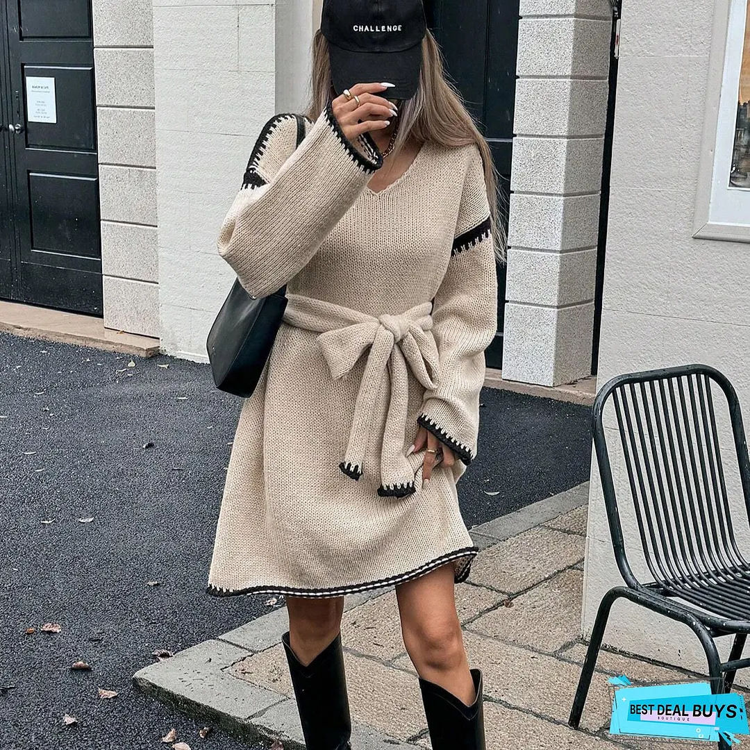 Womens Elegant V-Neck Sweater Dress Long Sleeve Loose Fit with Belt Chic Office Party
