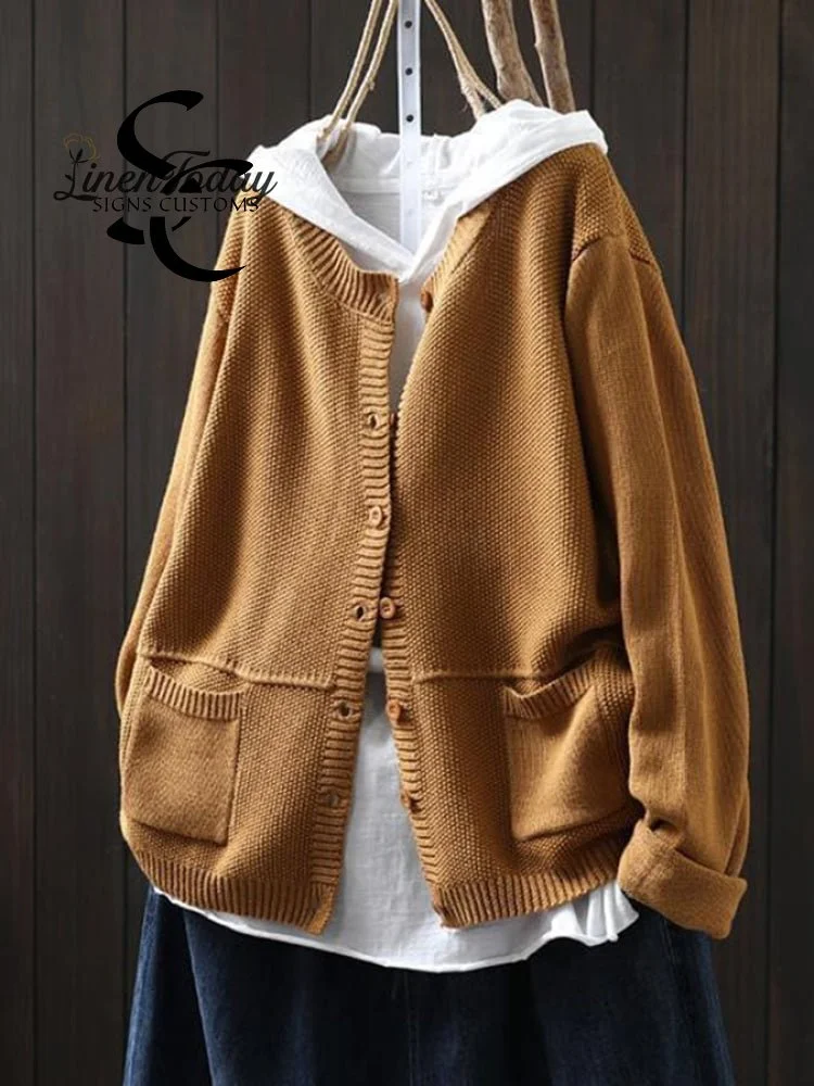 Women's Loose Art Casual Double Pocket Knitted Sweater Jacket