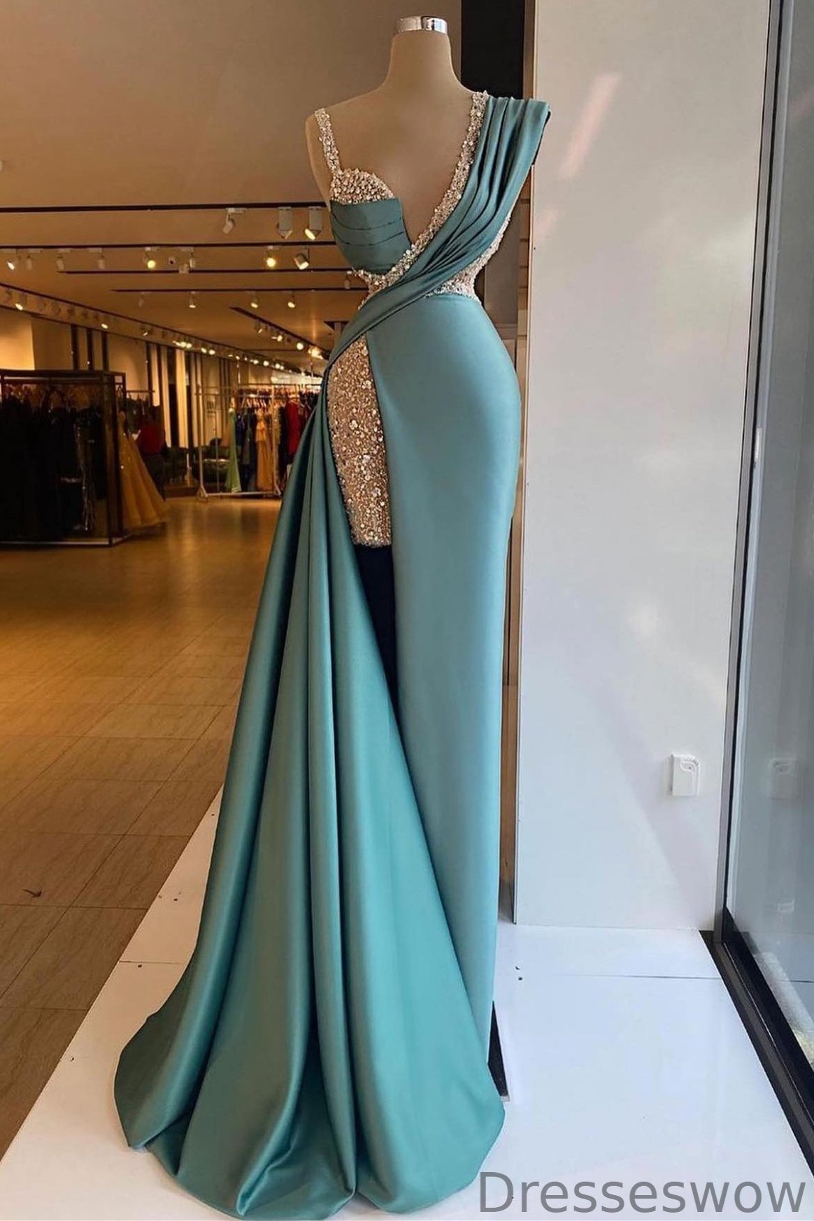 Dresseswow Jade V-Neck Sleeveless Mermaid Evening Gown Long With Beads Split