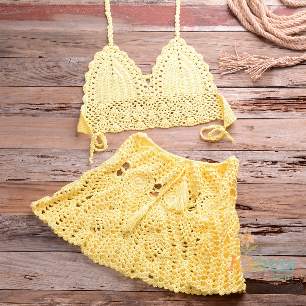 IO Dress CROCHET BIKINI Two-piece Crochet Women Bikini Set Cover Up Swimsuit Swim Skirt Swimwear Bathing Swimdress Beachwear