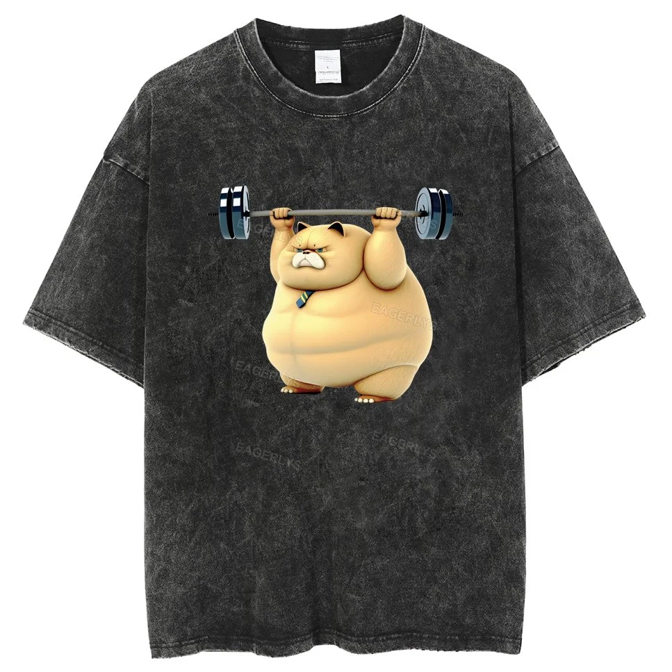 Eagerlys Fat Cat Working Out Weightlifting Vintage Gym Shirt Eagerlys