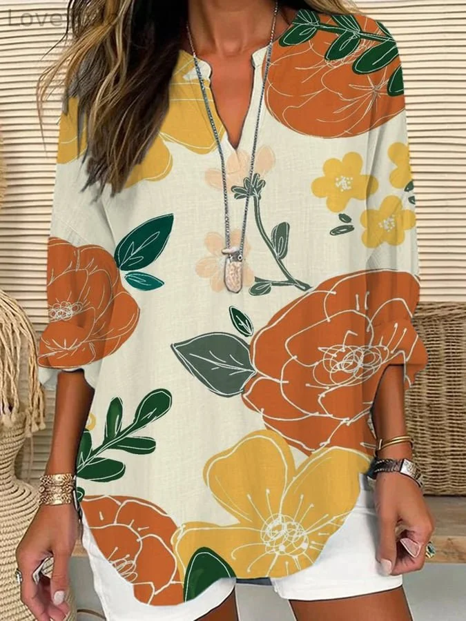 Women's Retro Floral Loose Casual Long Sleeve V-Neck Shirt