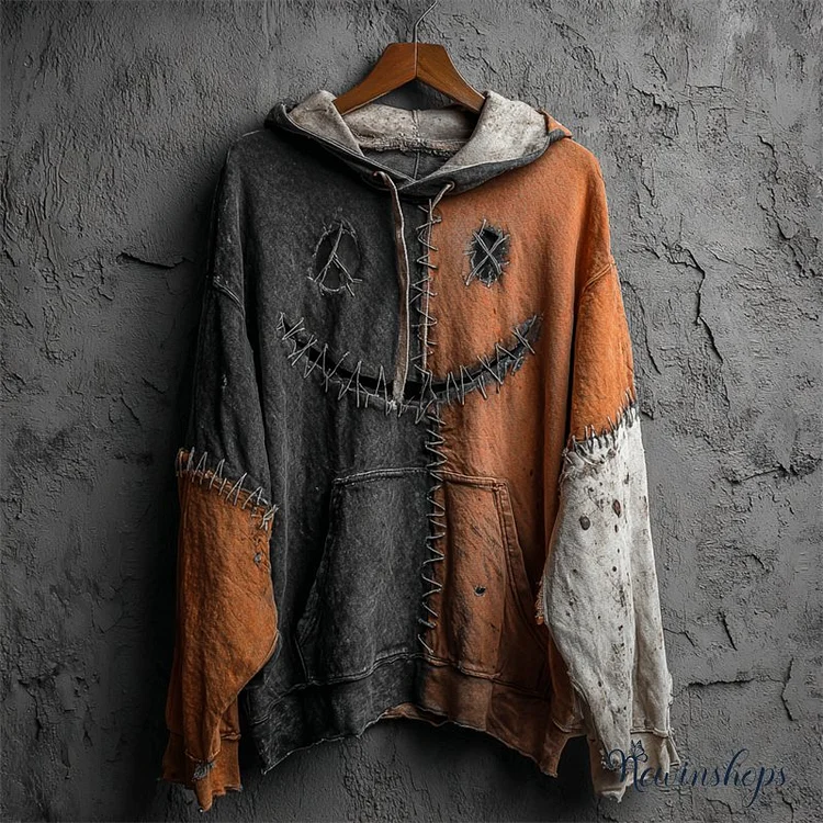 Halloween Stitched Face Colorblock Patchwork Hoodie