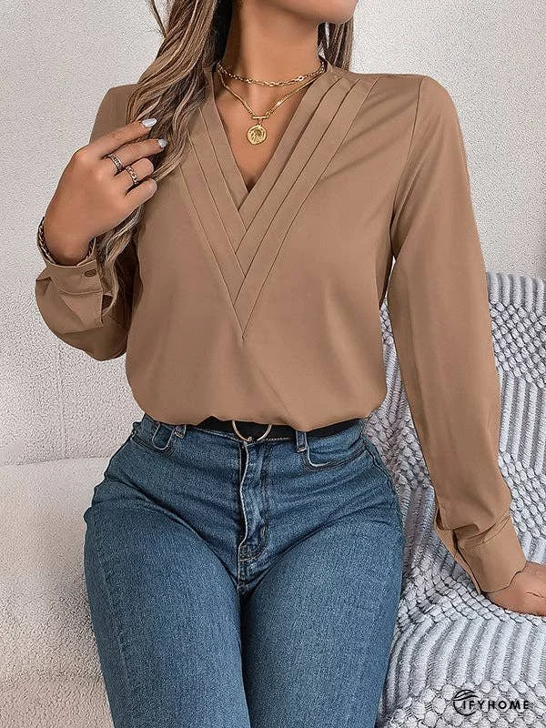 Long Sleeves Loose Pleated Solid Color Split-Joint V-Neck T-Shirts Tops | IFYHOME
