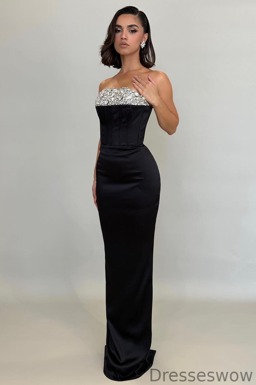 Dresseswow Black Strapless Sleeveless Mermaid Ball Dress With Crystals Long