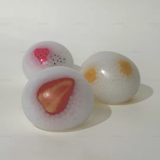 Fruity Mochi Bites handmade rice bead stress ball series by JoliSlime featuring three fruit-inspired variants: Mango Rice Bite, Dragon Fruit Rice Bite, and Strawberry Rice Bite